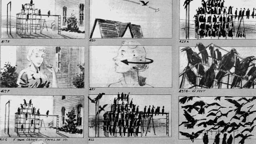 Parte del Storyboard a cargo de Harold Michelson | "Los Pájaros" de Hitchcock